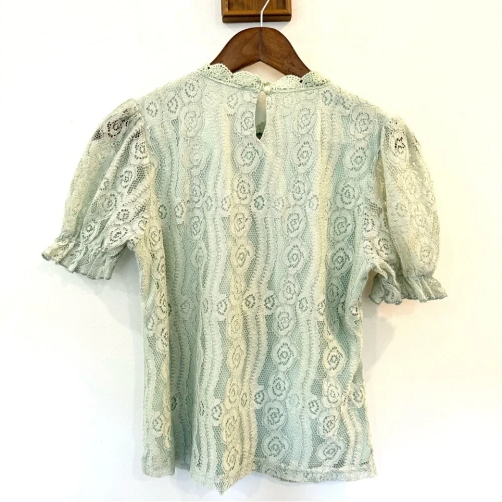 Simplee Puff Sleeve Keyhole Back Lace Blouse SMALL Green Feminine Coquette Fairy - Picture 6 of 14